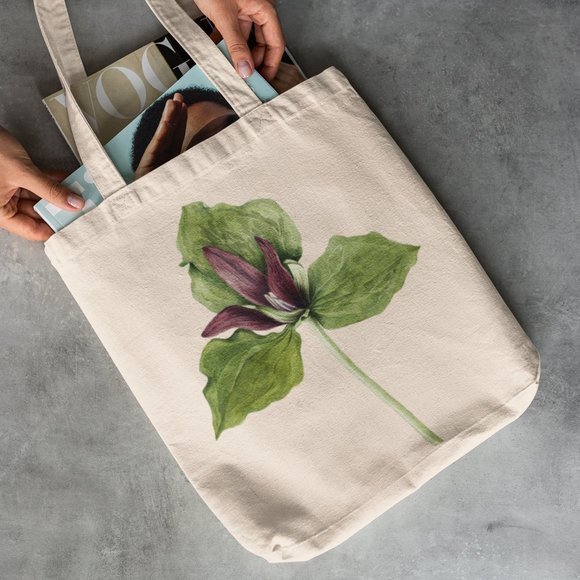Giant Trillium Vintage Watercolor Floral Print Graphic Canvas Tote Bag - Picture 2 of 5
